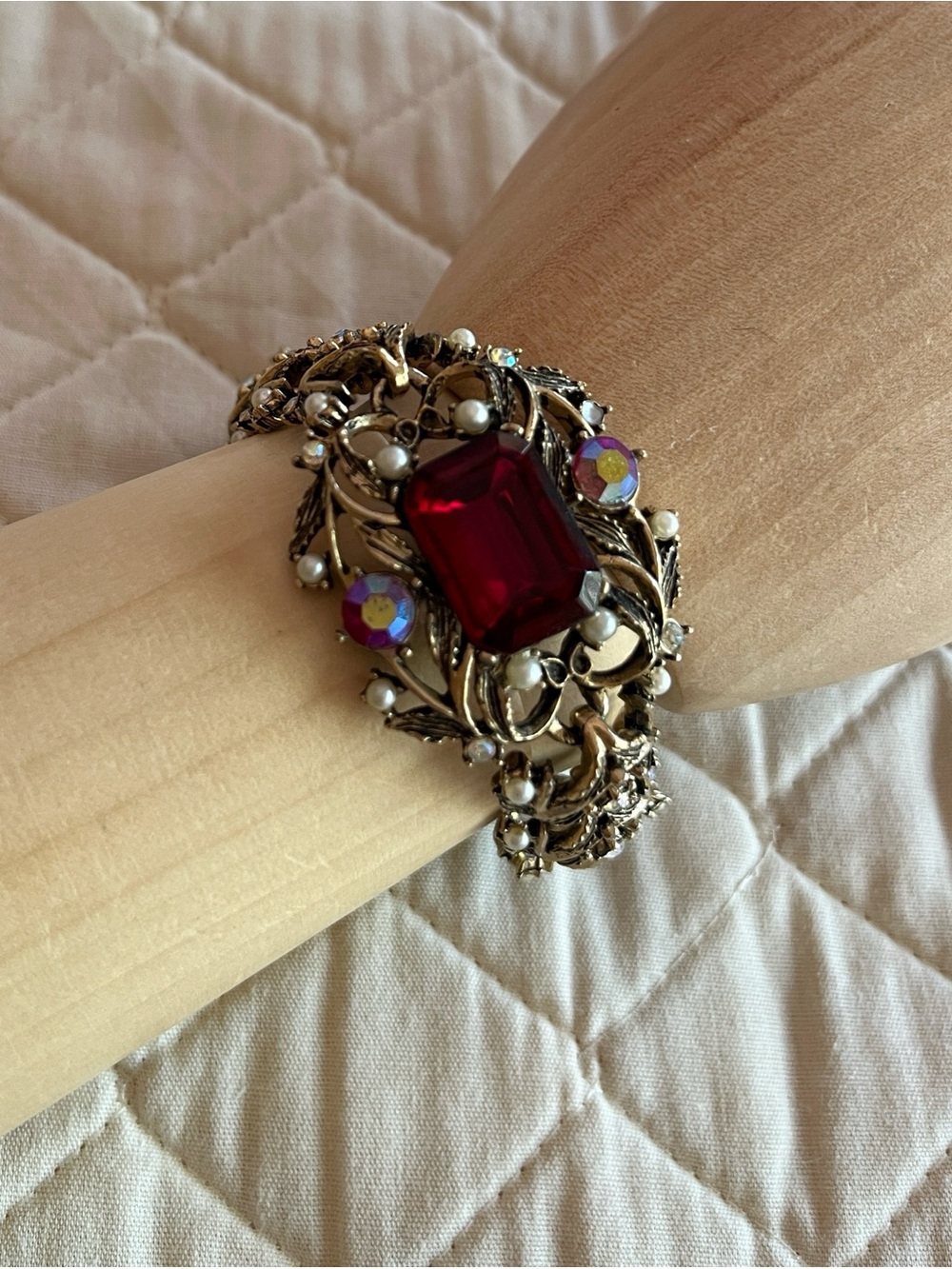 Vintage Antiqued Gold Tone Statement Bracelet with Red Rhinestone and Pearls - Picture 3 of 7